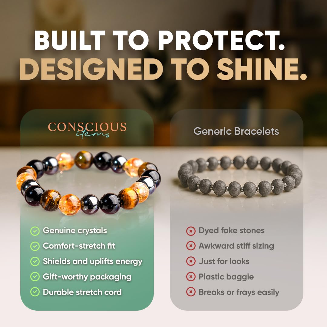 Conscious Items Quadruple Protection Bracelet, Black Obsidian, Hematite Stone, Tigers Eye & Citrine Bracelet, Grounding Crystal Stone Bracelets for Women & Men