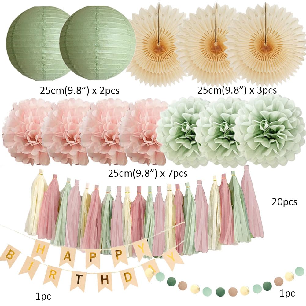 Sage Green Blush Pink Birthday Decorations Boho Pastel Sage Green and Dusty Pink Birthday Decorations for Women Girls Beige Fans with Light Pink Cream Dusty Rose Tassel Garlands Banner Beige and Gold