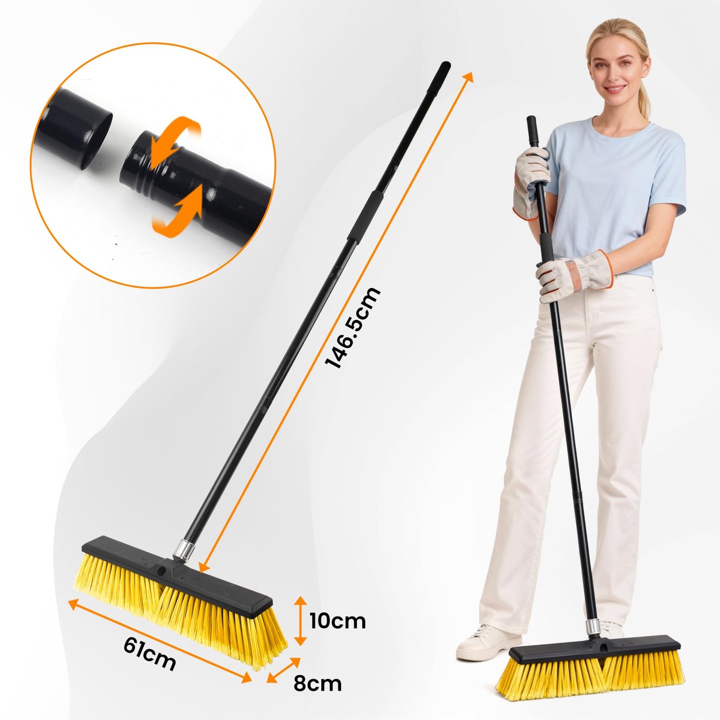 TOMAIX 24 Inches Push Broom Outdoor,Commercial Broom Brush,Stiff Bristle Brush with 61.8 inches Long Handle for Patio Garage Deck Street Shop Warehouse Lawn Driveway -2 Pack