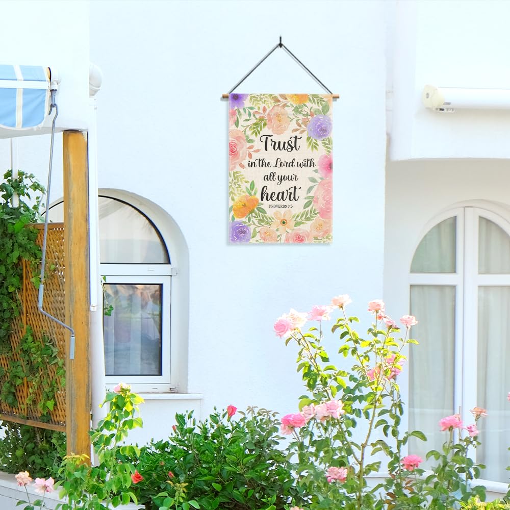 Gkodw Trust In The Lord With All Your Heart Garden Flag, Funny Floral Welcome Spring Summer Yard Flag, Christian Flags for Outside, Bible Verse Religious Garden Flags, Christian Yard Sign Lawn Décor