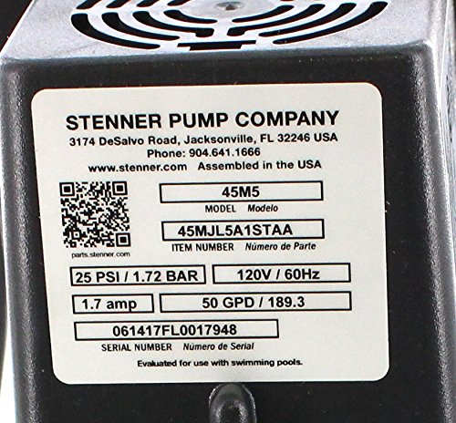 Stenner 45M5 Adjustable-Head Metering Pump, 2.5 to 50.0 GPD, 25 psi, Polypropylene, Black