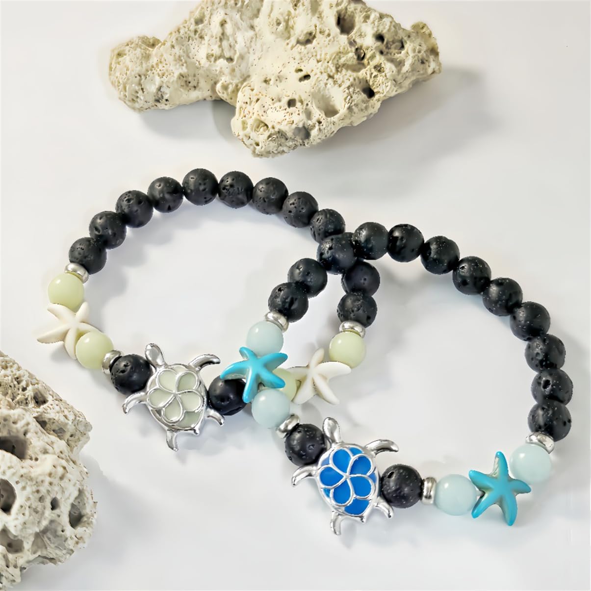 LXSSLY 8mm Natural Volcanic Stone Bracelets for Women,Ocean Turtle Luminous Bracelets,Lava Stone Glow bracelet,Elastic Stretch Beads Protection Bracelet for Men