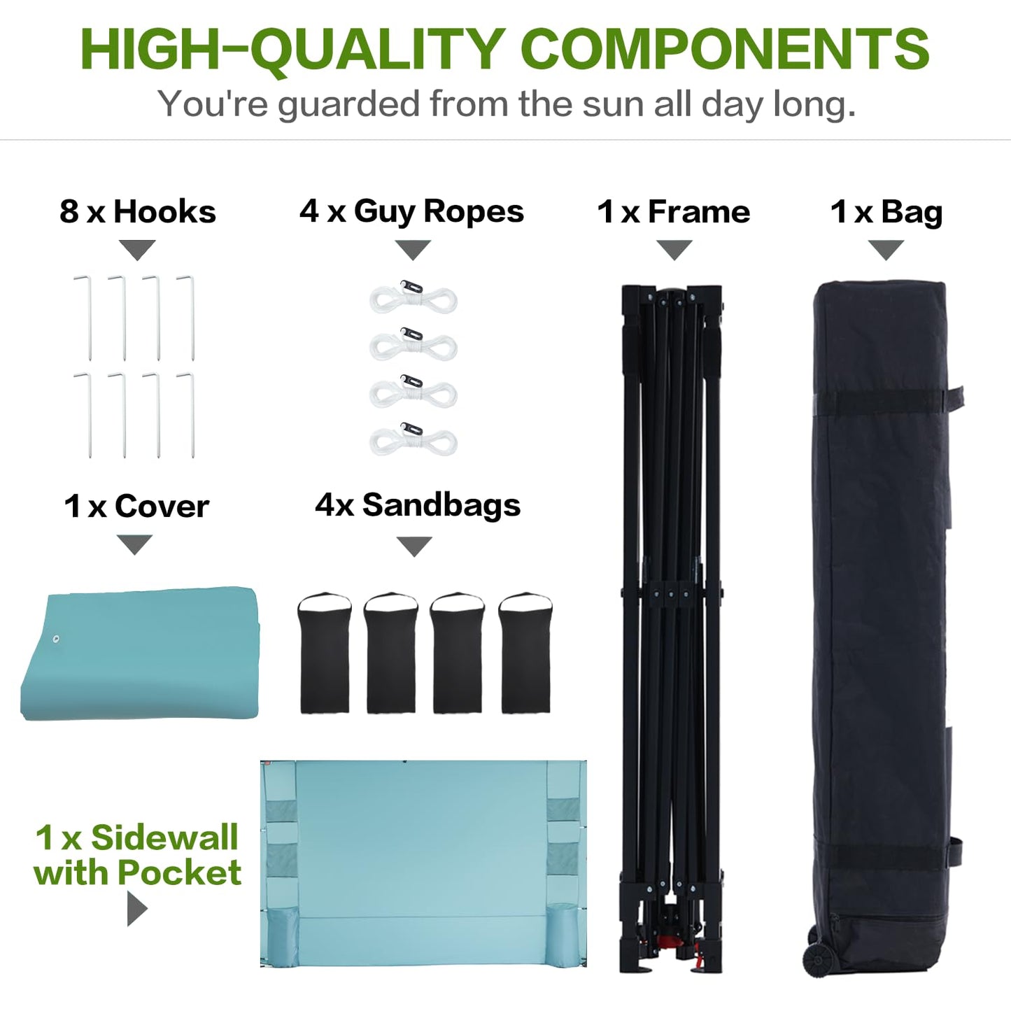 Tunbne 10'x10' Pop Up Canopy Tent with 1 Sidewall and 6 Pockets, One Push Setup, Instant Shade Tent with Vented Roof for Beach Patio Outdoor, Case, 8 Stakes, 4 Ropes, 4 Sandbags (Cyan, 10x10)