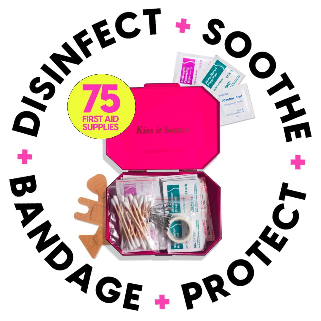 BLINGSTING First Aid Kit - 75 Essential First-aid Supplies, Bandages, Wipes, Gold Travel Case - Multipurpose Mini Emergency Kit for Women - Pink Interior - Compact & Versatile - TSA Approved (1 Count)