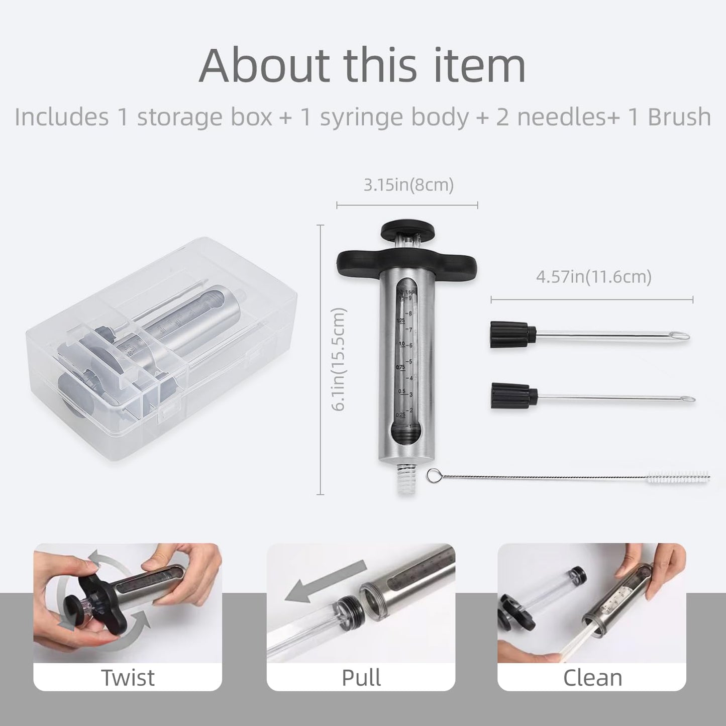 Meat Injector - 2 Stainless Steel Needles for Marinade, Brine & Flavor Injection, with Measurement Window & Cleaning Brush Perfect for Turkey, Chicken, Beef, Pork Smoking, Frying & Grilling(LPMI-02)