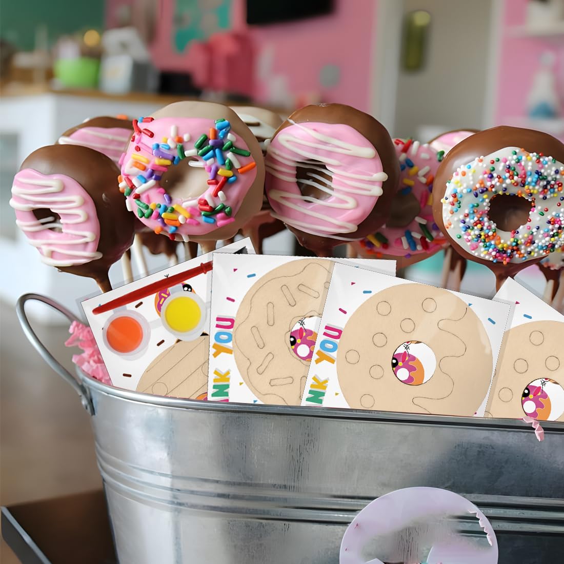 Jekocet ㅤ Sweet Donut Party Decorations 24 Pcs Wooden Donut Craft Kits to Paint with Thanks Card Donut Party Favors