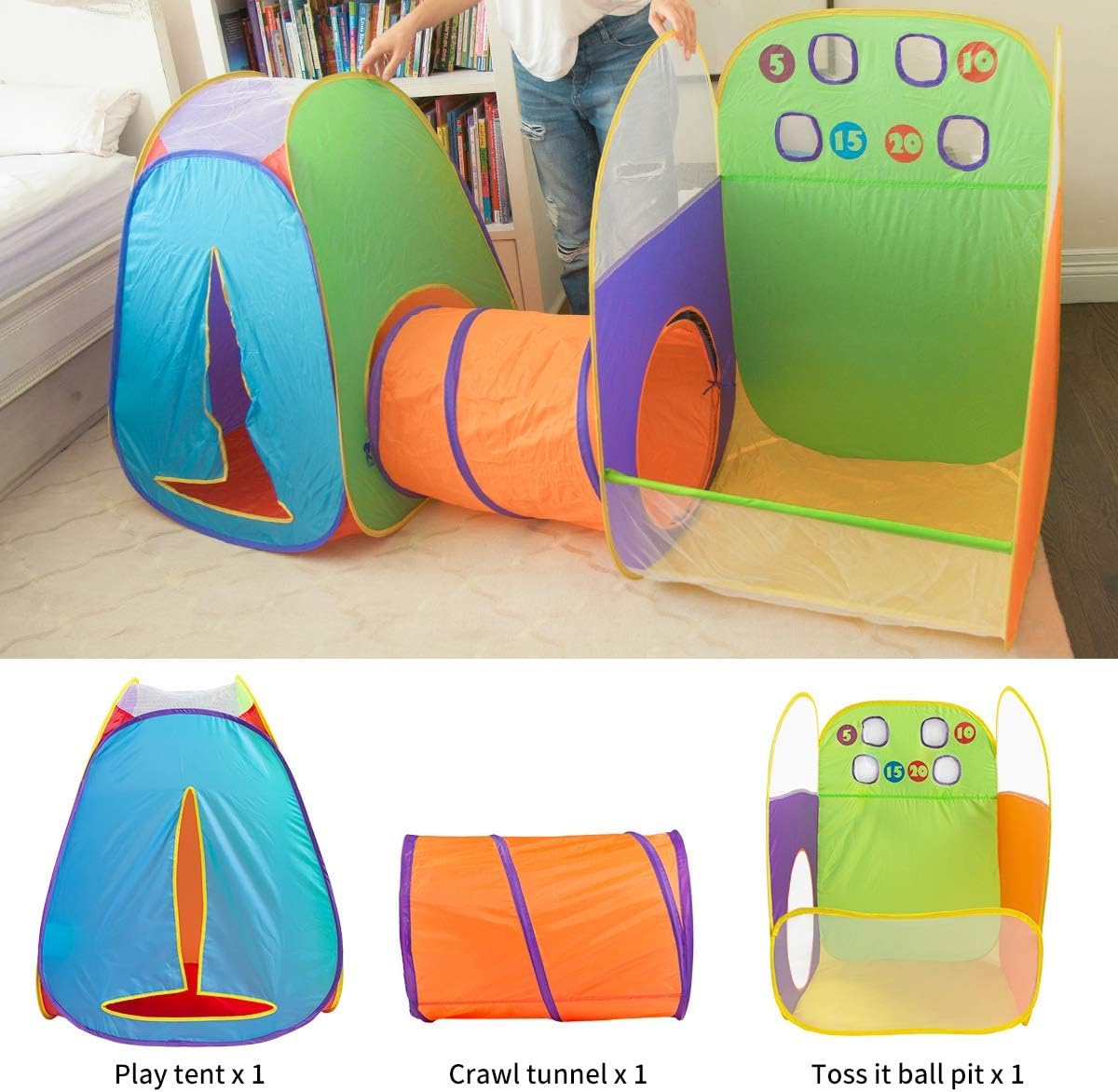 Alvantorยฎ Kids Tent Play Tents & Tunnel 3-in-1 Pop Up Tent with Tunnel Toddler Ball Pit Indoor/Outdoor Tents Fun Toss It Game Zone Playhouse for Children (Include 4 Balls)