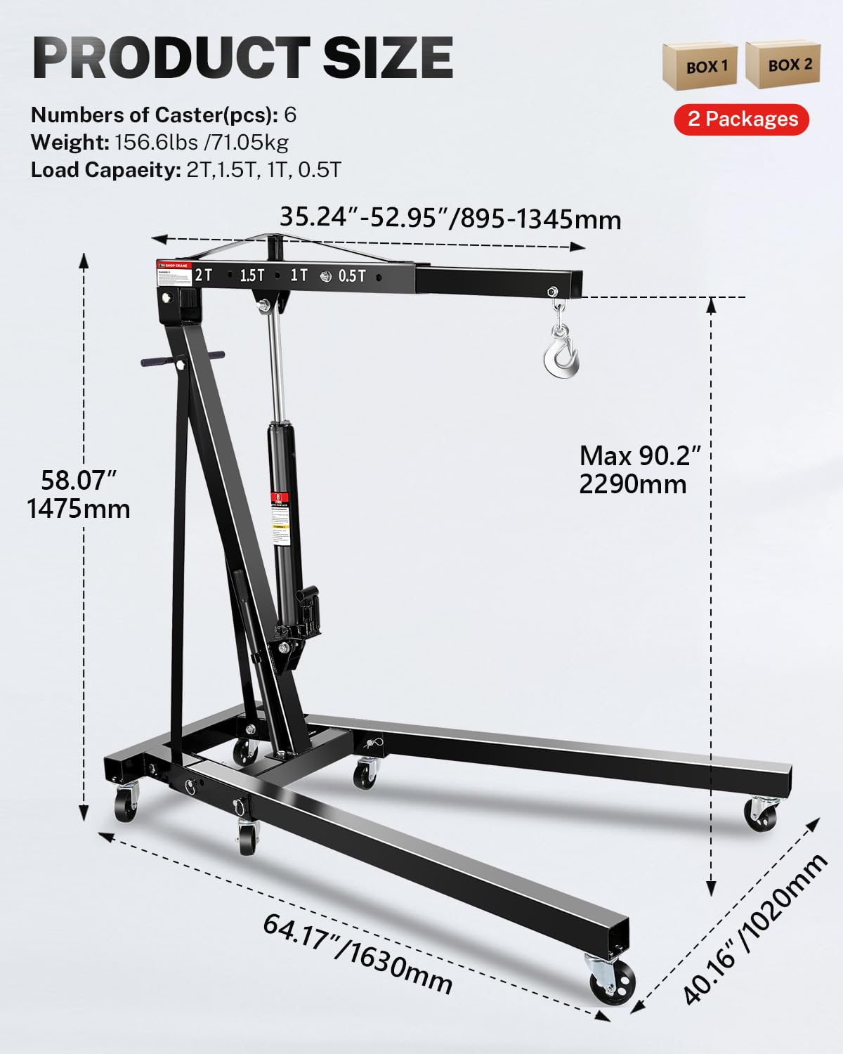 2 Ton Hydraulic Engine Hoist Crane, Folding Heavy-Duty Cherry Picker with 6 Locking Wheels & 4 Boom Positions, for Truck/SUV Engines, Garage Workshop, Industrial Lifting (Net Wt. 157 lbs)