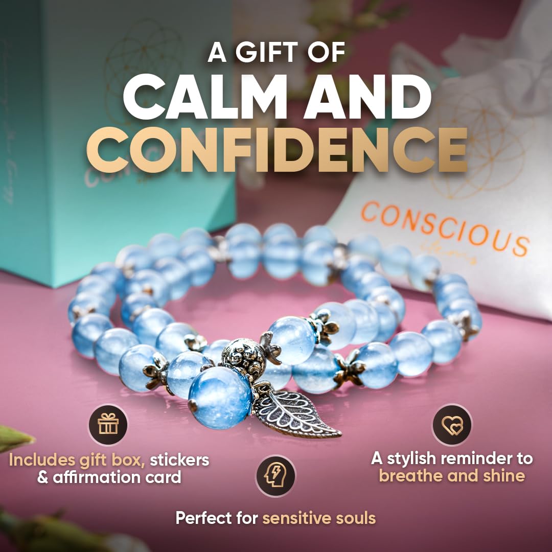 Conscious Items Elegant Calming Crystal Bracelet, Blue Chalcedony Bracelet for Confidence, Inner Peace & Positivity, Crystal Quartz Bracelets for Stress with Silver Leaf Charm for Men & Women