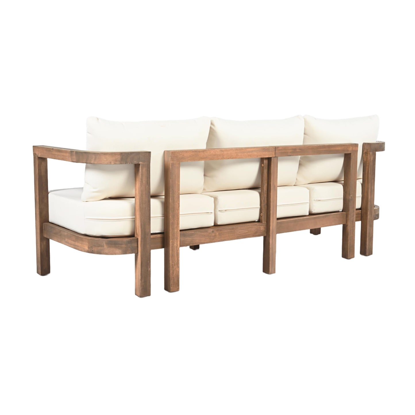 Merax 3 Seater Outdoor Acacia Wood Patio Sofa with Cushions for Porch, Garden, Backyard, Balcony, Brown wash, Beige Cushion