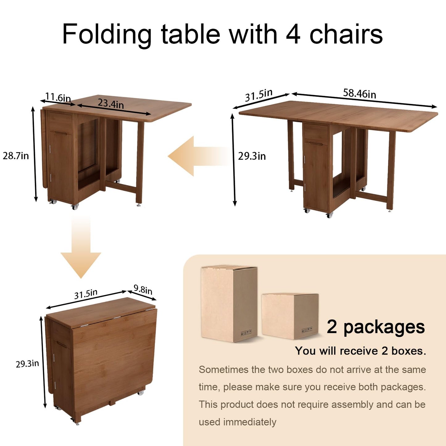 Folding Dining Table Set with 4 Chairs, Drop Leaf Foldable Table on Wheels, Collapsible Dinette Table with Hidden Chair Storage, Space Saving Folding Dinner Table Set for Small Apartments