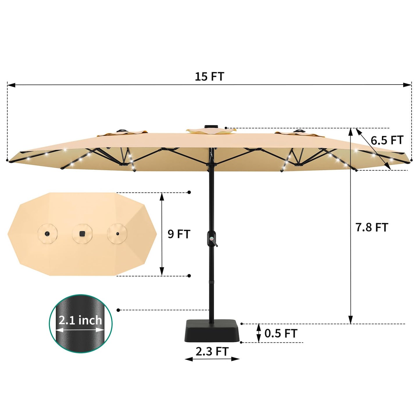 GarveeTech 15FT Solar Patio Umbrella with 36 LED Lights, Weighted Base Included, Tilt and Crank Market Umbrella for Backyard, Garden, Deck, Pool, Beach, Beige