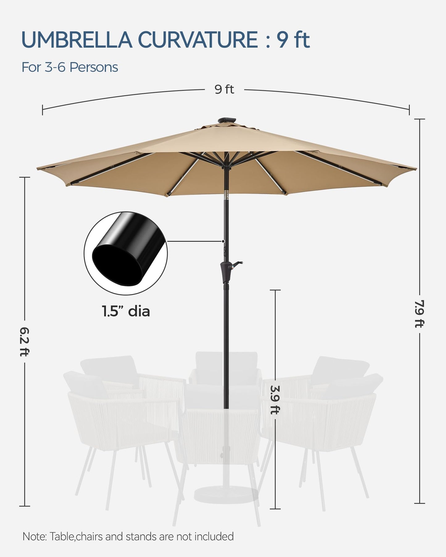 PEAKVONDER 7.5 ft Outdoor Patio Umbrella with Solar Lights - Small Heavy Duty Beach/Table/Pool/Deck/Market Umbrella, Dual Charging, Tilt, APP & Button Control, UV/Fade-Resistant, Tan HPU752T