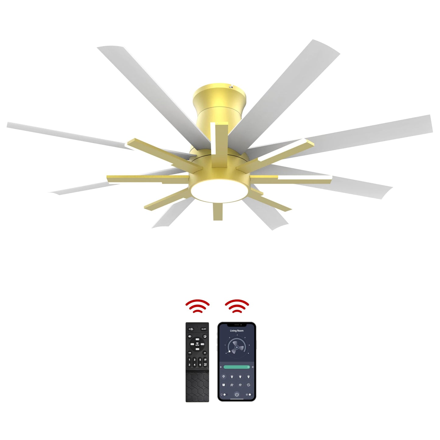 Fande-Aire 60 inch White Ceiling Fans with Lights and Remote, Flush Mount Ceiling Fan for Living Room Bedoom,6 Speed Reversible,8 Blades and 9 Lights,3 CCT,White Gold