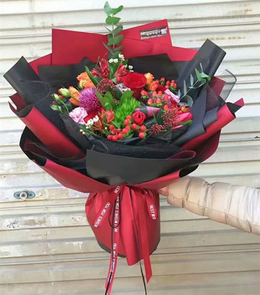 NatureMan 20 Sheets Double-Sided Colors Flower Wrapping Paper,Waterproof Valentine's Day Bouquet Wrapping Paper 22.8x22.8Inch Florist Supplies(Black+Wine red)