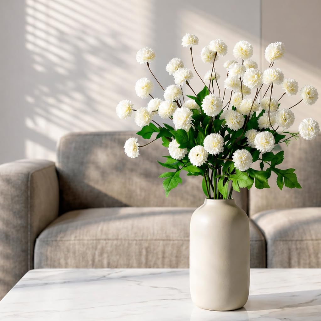 Voqoza 10 Pcs Fake Kiku White Flowers for Vase, Artificial Small Chrysanthemums Balls with Stem Faux Mini Silk Pompon Mums Floral Arrangements DIY Bouquets Wedding Party Table Centerpieces Home Decor.