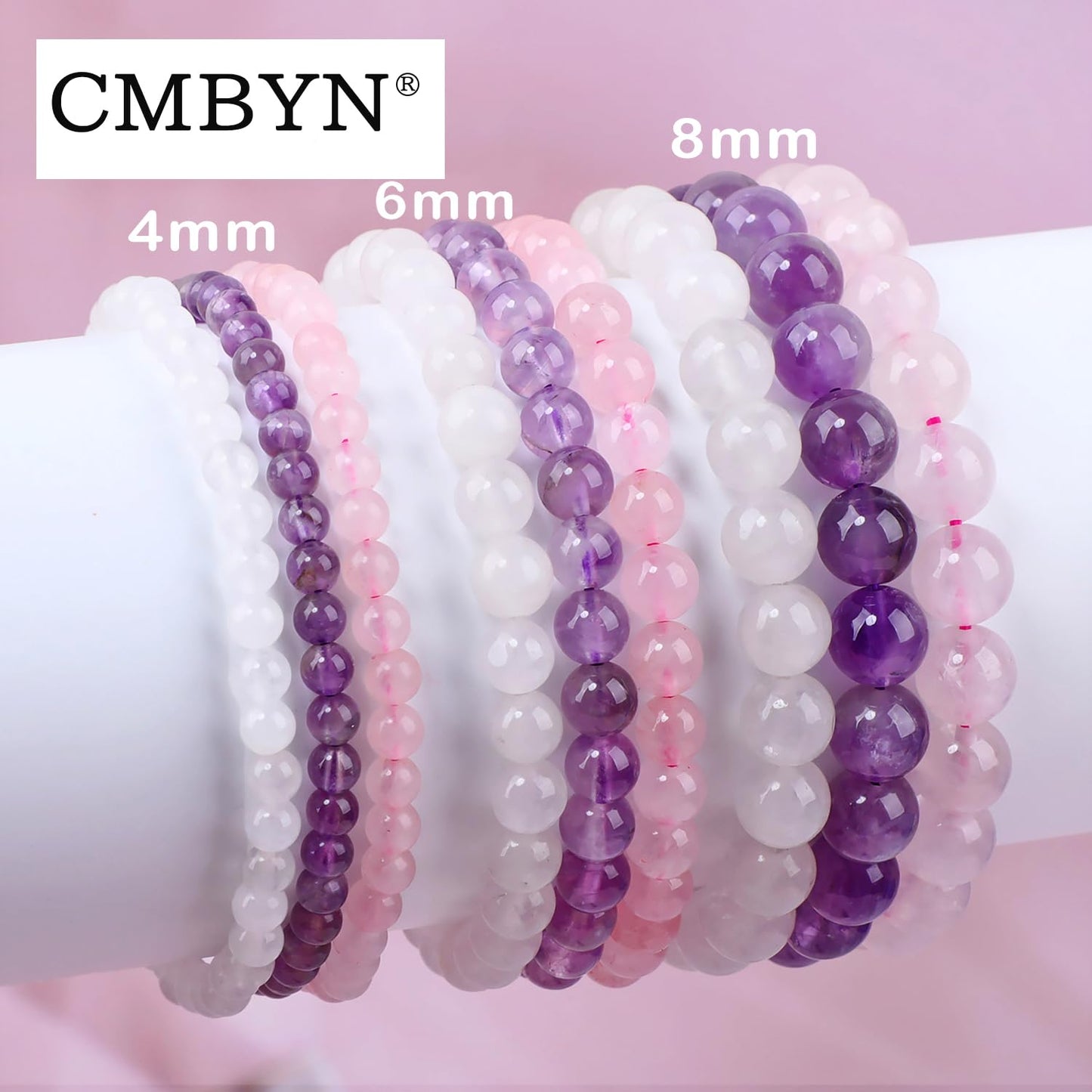 CMBYN 3-Pieces 4mm Natural Crystal Gemstone – Amethyst, Pink Quartz, White Jade Handmade Reiki Energy Healing Stretch Bracelets Jewelry for Yoga, Meditation, Unisex