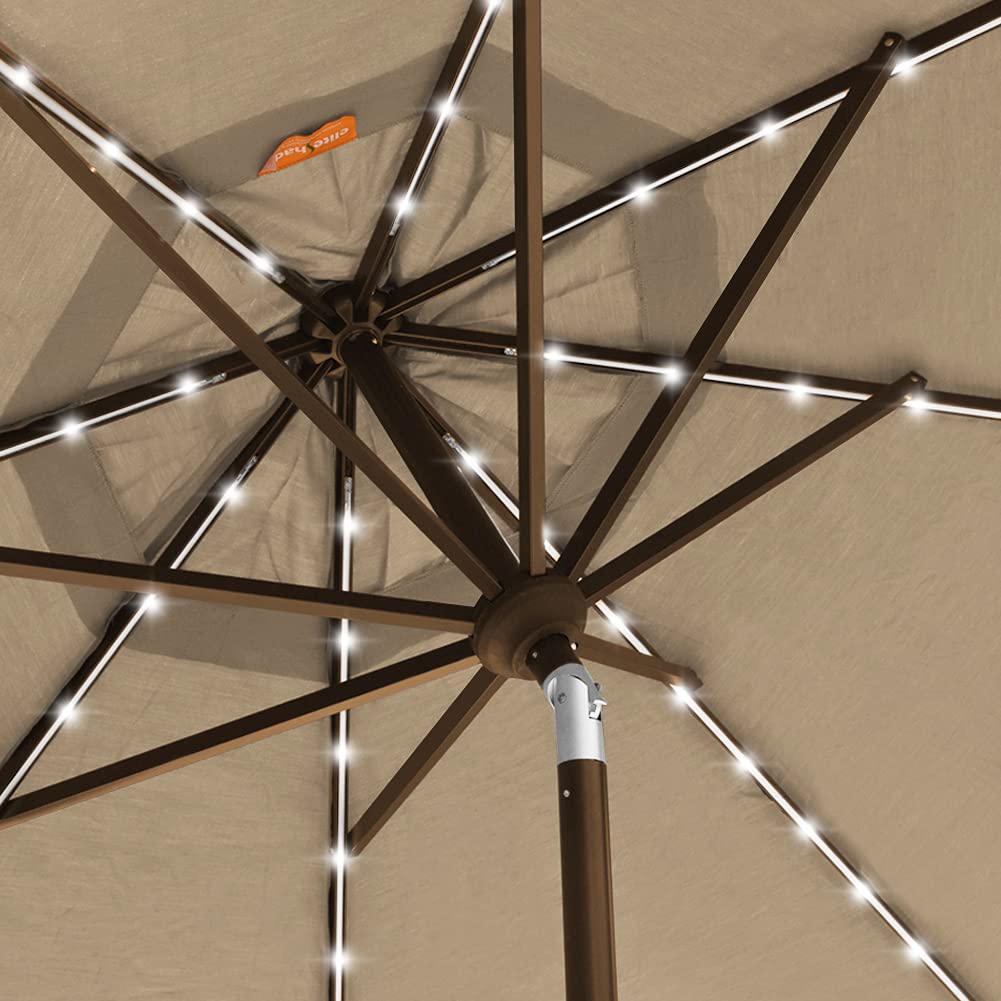EliteShade USA 10-Year-Non-Fading 9ft 3-Tier Market Patio Umbrella, Commercial Table Umbrella with 80 Solar LED Lights, Crank Open, Windproof & UPF 50+ UV Protection for Garden, Deck, Pool, Backyard, Heather Beige