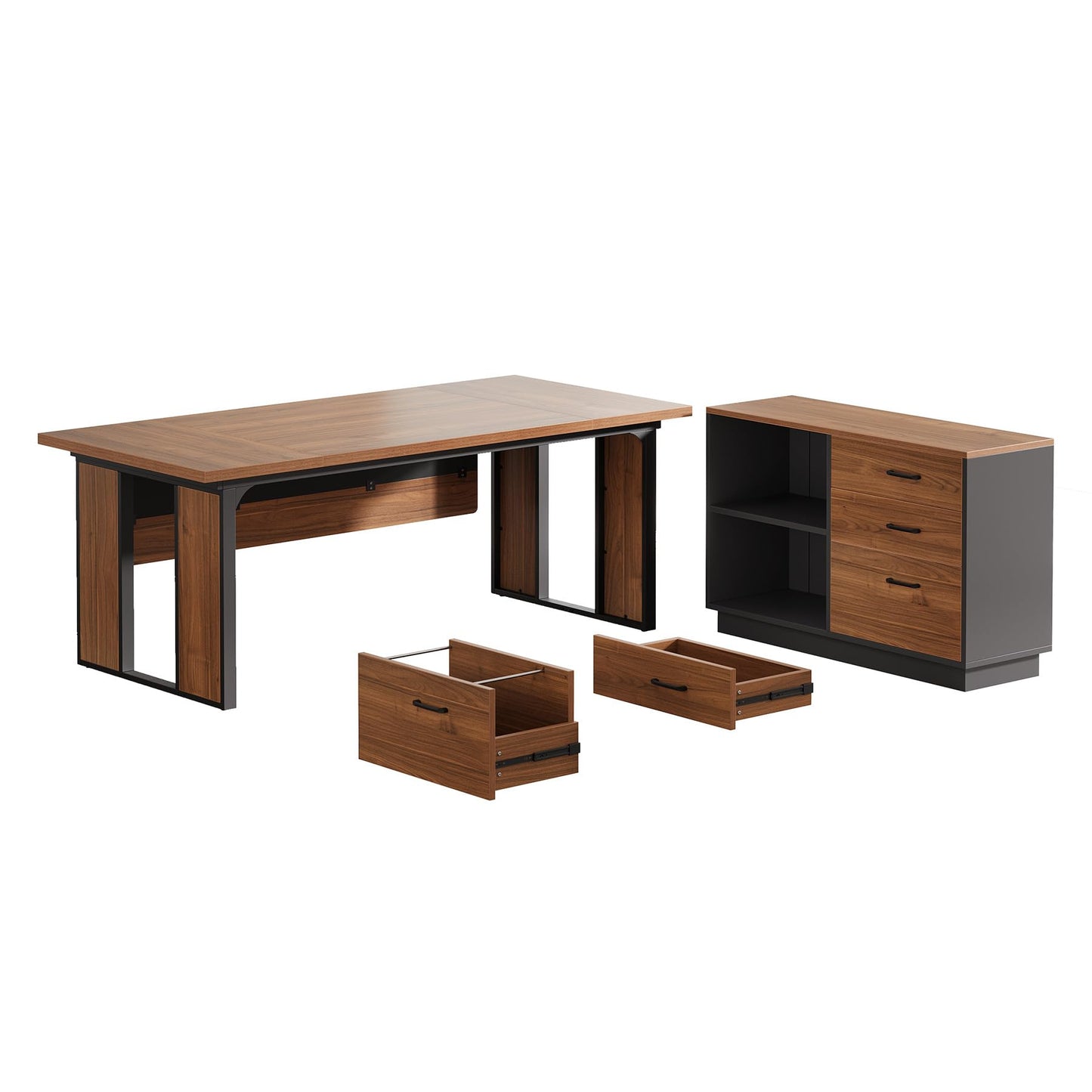 Tribesigns 63‘’ L-Shaped Executive Desk, Office Table with 39.37-Inch Drawers Cabinet, Large Computer Desk with Storage Shelves, Business Furniture Set for Home Office, Brown & Black