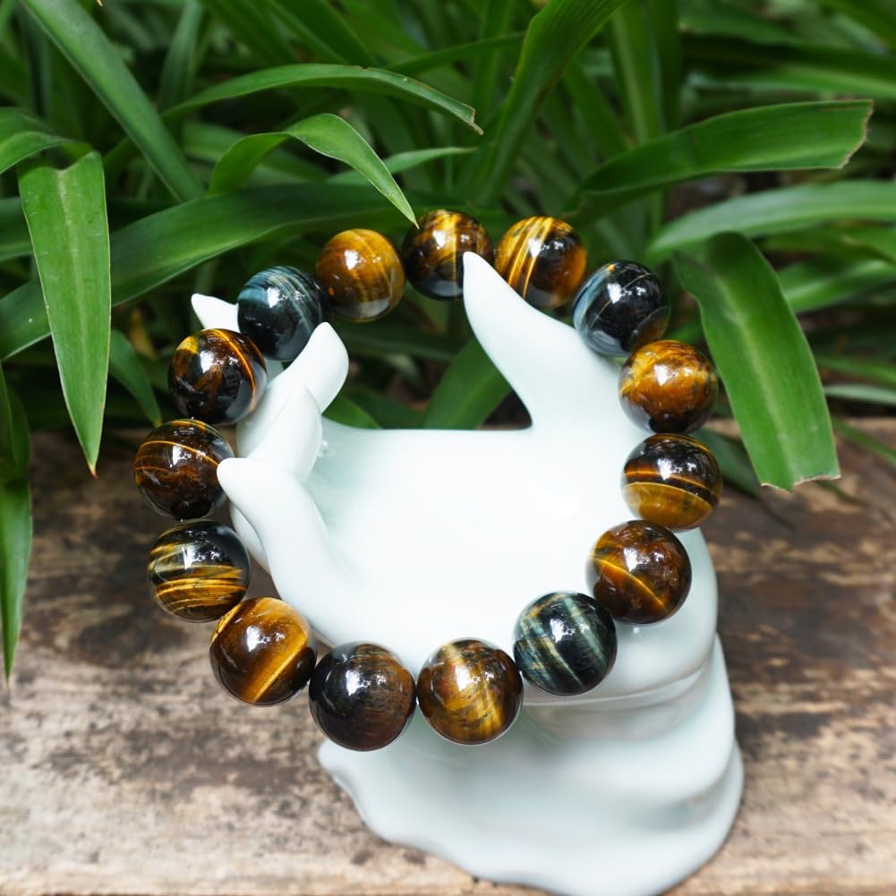 TaHLga 14MM Yellow Blue Tigers Eye Mens Beaded Bracelet | Natural Solar Plexus Chakra Gemstones | Bring Luck Wealth Courage | Protection from Evil | Gift