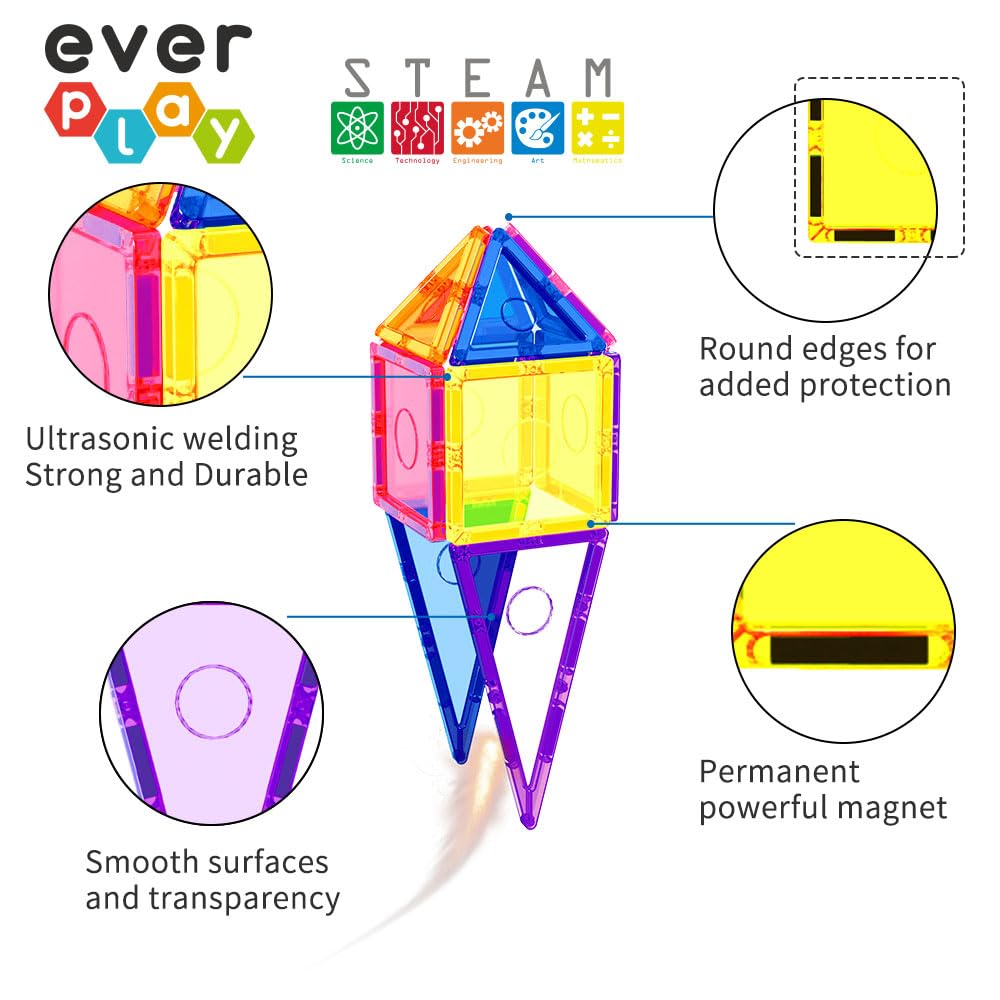 Everplay Magnetic Tiles Starter Set Building Blocks Toys STEM Educational Learning Magnet Toy Preschool Montessori Boys & Girls Smart Unlimited Creative Kit Games Gifts for Age 3+ Kids Toddlers