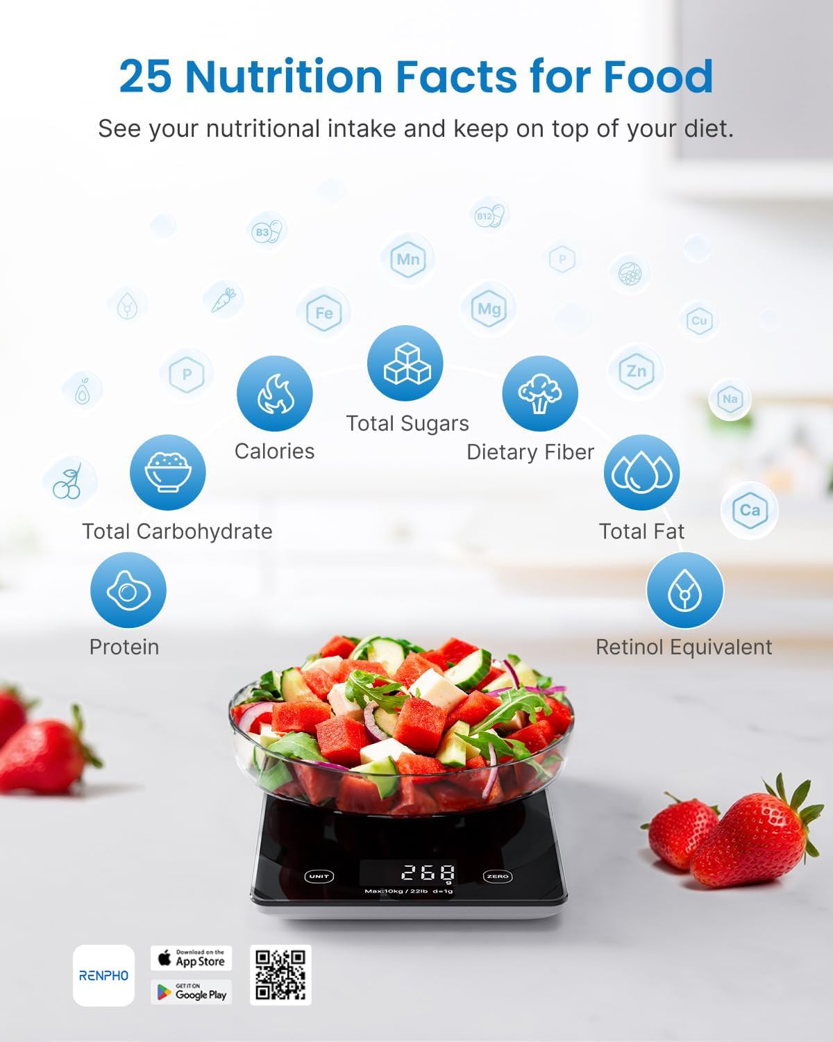 RENPHO Digital Kitchen Scale, Smart Food Weight Scale with Nutritional Calculator, Gram Scale for Weight Loss Cooking Baking Keto Macro Diet, Black Glass, 22lb/10kg