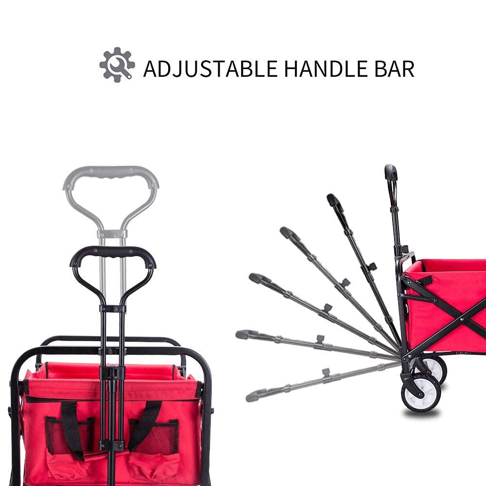 WHITSUNDAY Collapsible Folding Garden Outdoor Park Utility Wagon Picnic Camping Cart, Heavy Duty Foldable with Wheel and Bottle Holders Red