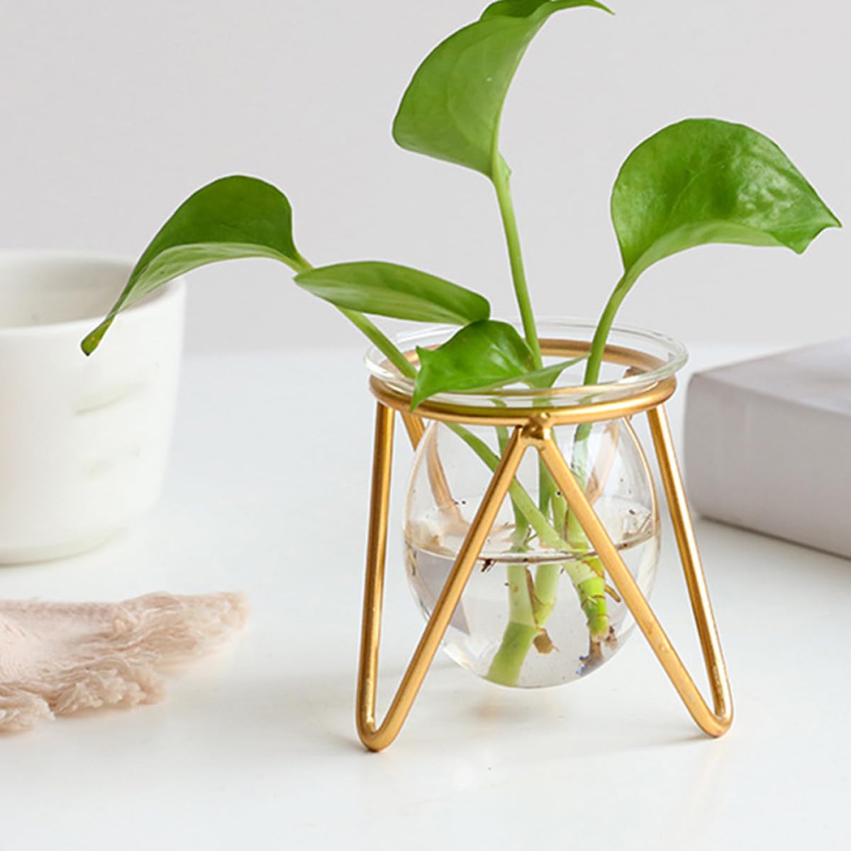 NULYLU Glass Flower Holder with Metal Stand, Small Gold Hydroponic Plant Pot Terrarium Vase for Desk and Office Decor, Decorative Succulent and Green Plant Container