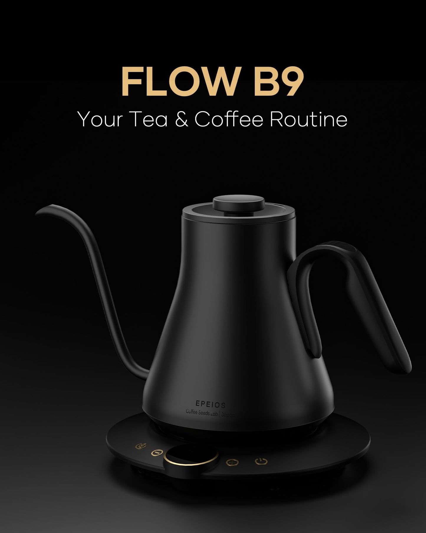 Cocinare FLOW B9 Gooseneck Electric Kettle, Precise Temperature Control for Pour-Over Coffee & Tea Brewing, Stainless Steel Interior, Rapid Heating for Boiling Water, 1500W/0.9L Matte Black