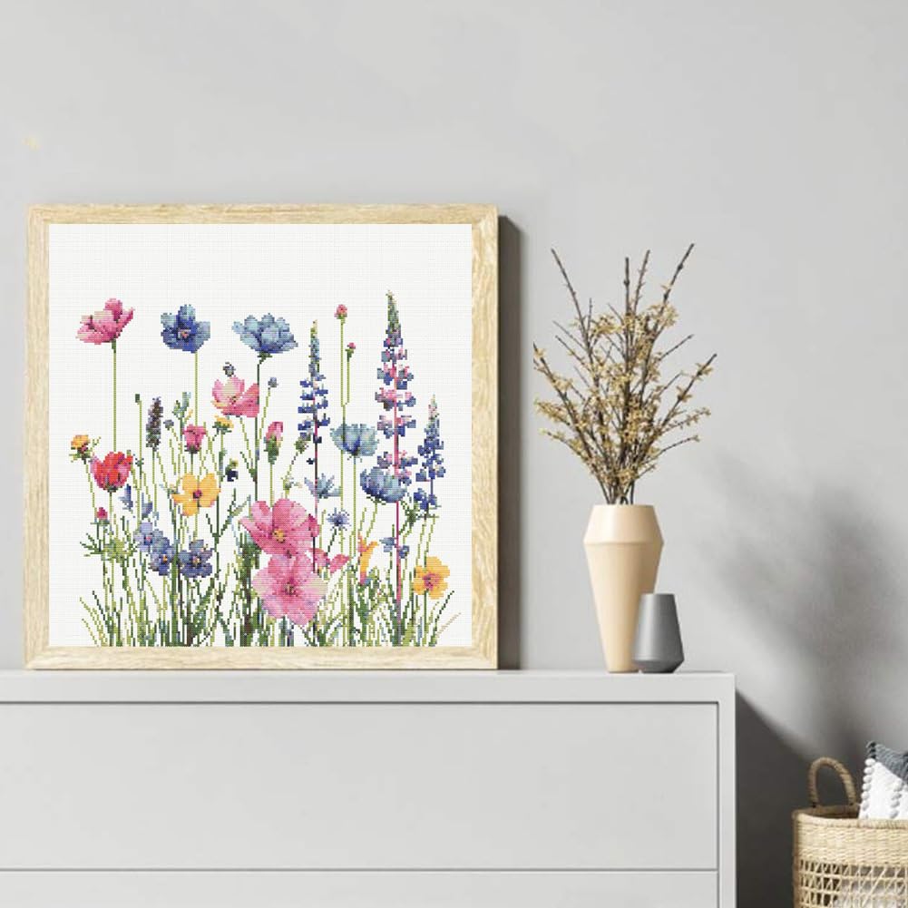 KYOQFVN Flower Stamped Cross Stitch Kits for Adults,11CT Needlepoint Counted Cross Stitch Kits for Beginner,Printed Dimensions - Embroidery Kit Arts and Crafts 14×14 Inch