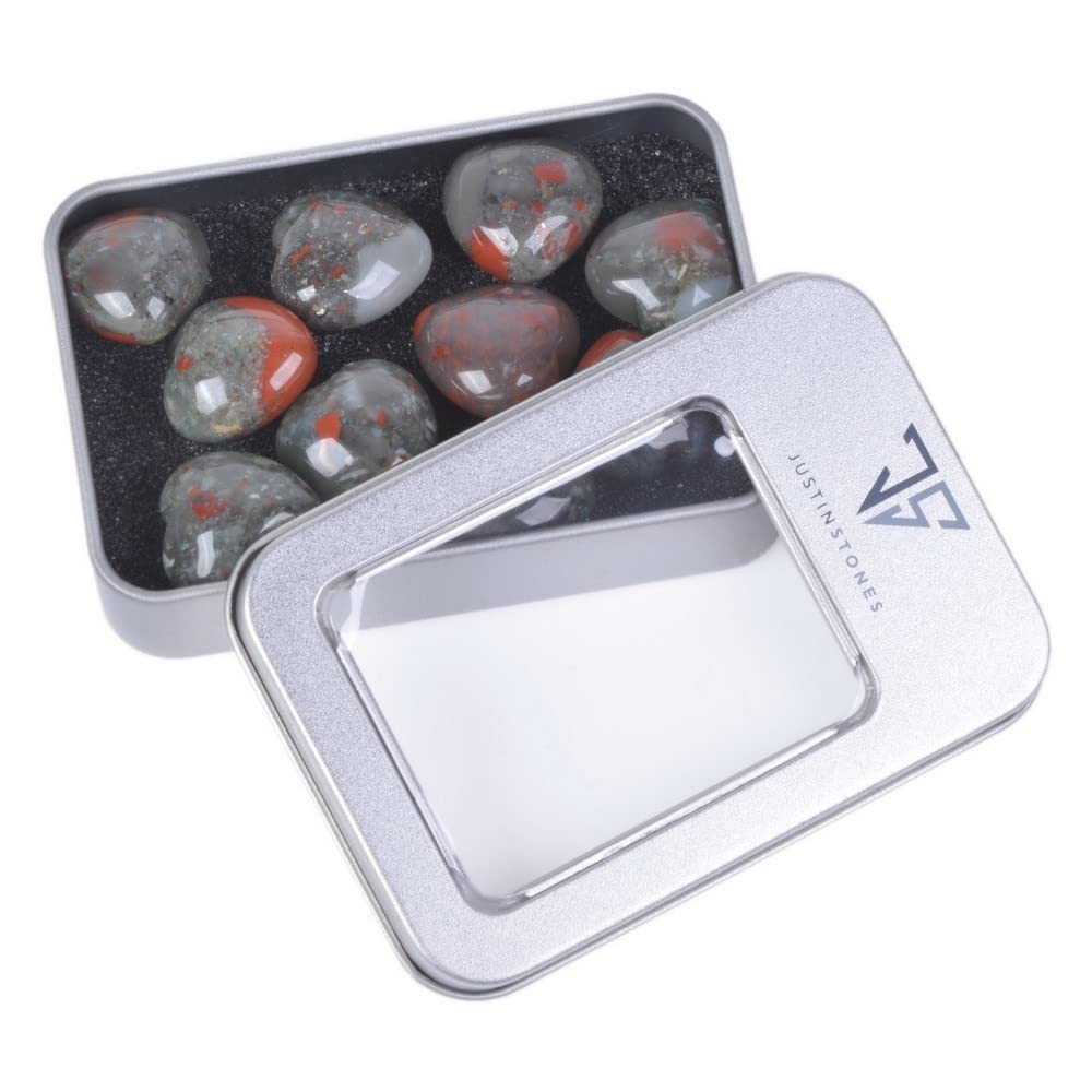 Natural African Bloodstone Gemstone Healing Crystal 0.8" Mini Puffy Heart Pocket Stone Iron Gift Box (Pack of 10)