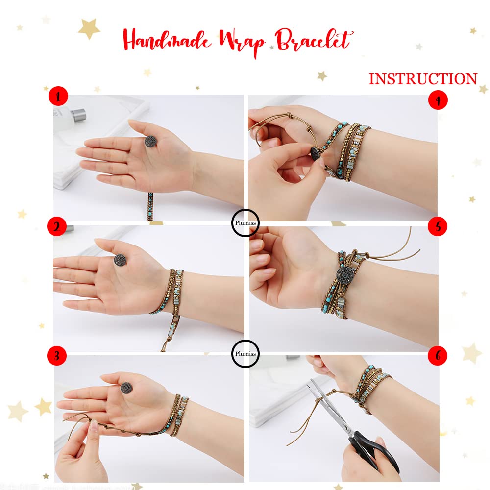 Plumiss Women Boho 5 Wraps Bracelet Natural Rhodonite Picasso Jasper Turquoise Stone Strand Bracelet Jewlery