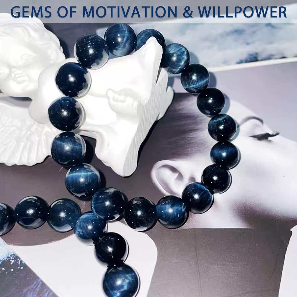 12MM Blue Tigers Eye Mens Bracelet | Fits for About 8" Large Strong Wrist | Throat Chakra Gems | Birthstone for June | Bring Inner Calm & Love & Fortune | Stones of Motivation & Willpower