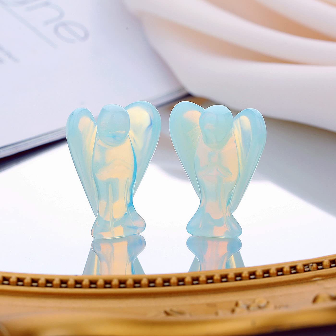QINJIEJIE Opalite Angel Moonstone Crystals Carved Pocket Guardian Angel Polished Statue Peace Angel Figurine Healing Crystal Gift Meditation Protect Cute Decor Love Gift