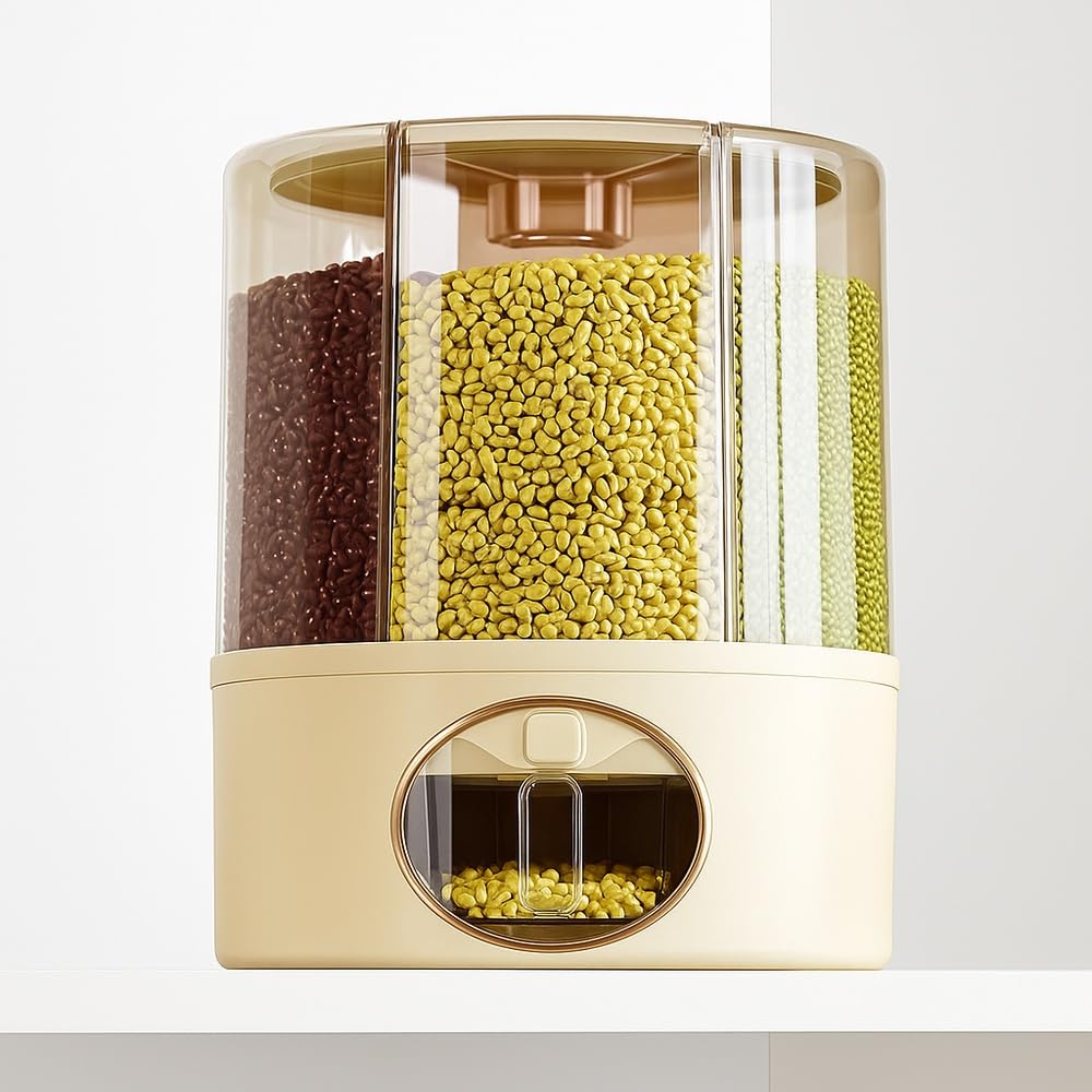 GSC Industries Premium 6-Grid Rotating Food Dispenser with Sealed Lid β 360Β° Rotation Grain Storage Container for Rice, Beans, Cereal, Peanuts, Barley, and More β Kitchen Pantry Organizer
