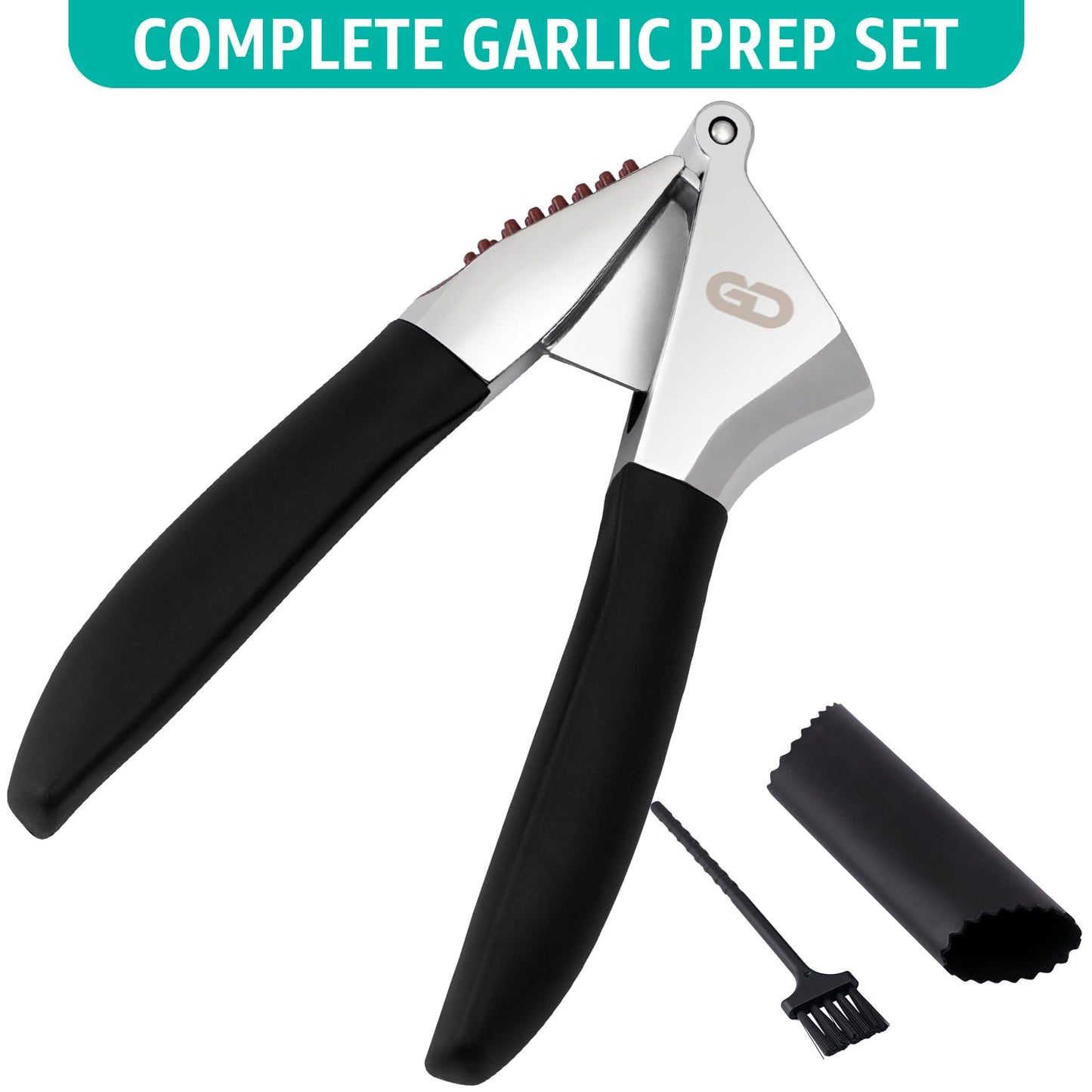 Garlic Press Set โ Heavy Duty Rust-Resistant Garlic Crusher & Mincer with Ergonomic Handles, Easy Squeeze Manual Garlic Press, Cleaning Brush & Silicone Peeler, Large Chamber Kitchen Tool