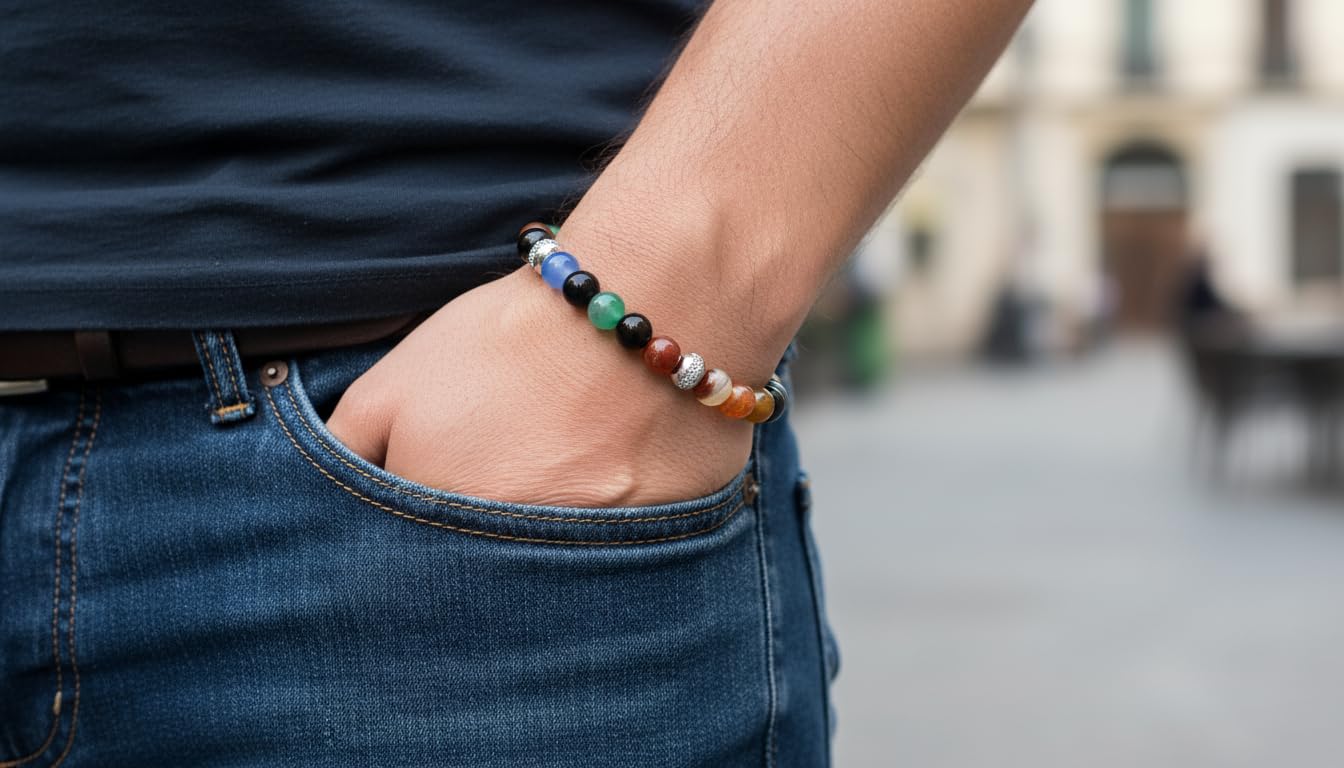 10:10 Beaded Bracelet for Men and Women โ Natural Agate Multicolor Gemstones and Stainless Steel โ Adjustable & Durable & Elegant โ Made in Italy