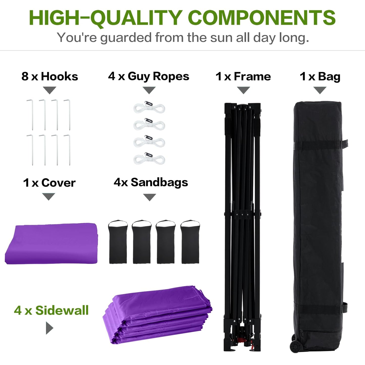 Tunbne 10X10 Comercial Pop Up Canopy Tent with 4 Sidewalls and 6 Pockets, One Push Setup Center Lock, for Beach Patio Outdoor, Case, 8 Stakes, 4 Ropes, 4 Sandbags (Purple)
