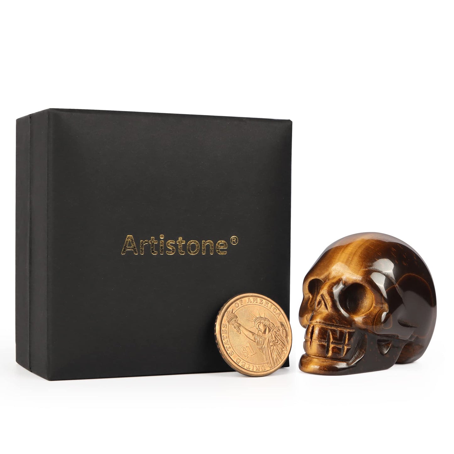 Artistone 2.0" Tiger Eye Crystal Skull Head Statue,Hand Carved Gemstone Human Reiki Skull Figurine Sculpture Crystal and Healing Stones for Home,Office Halloween Decor