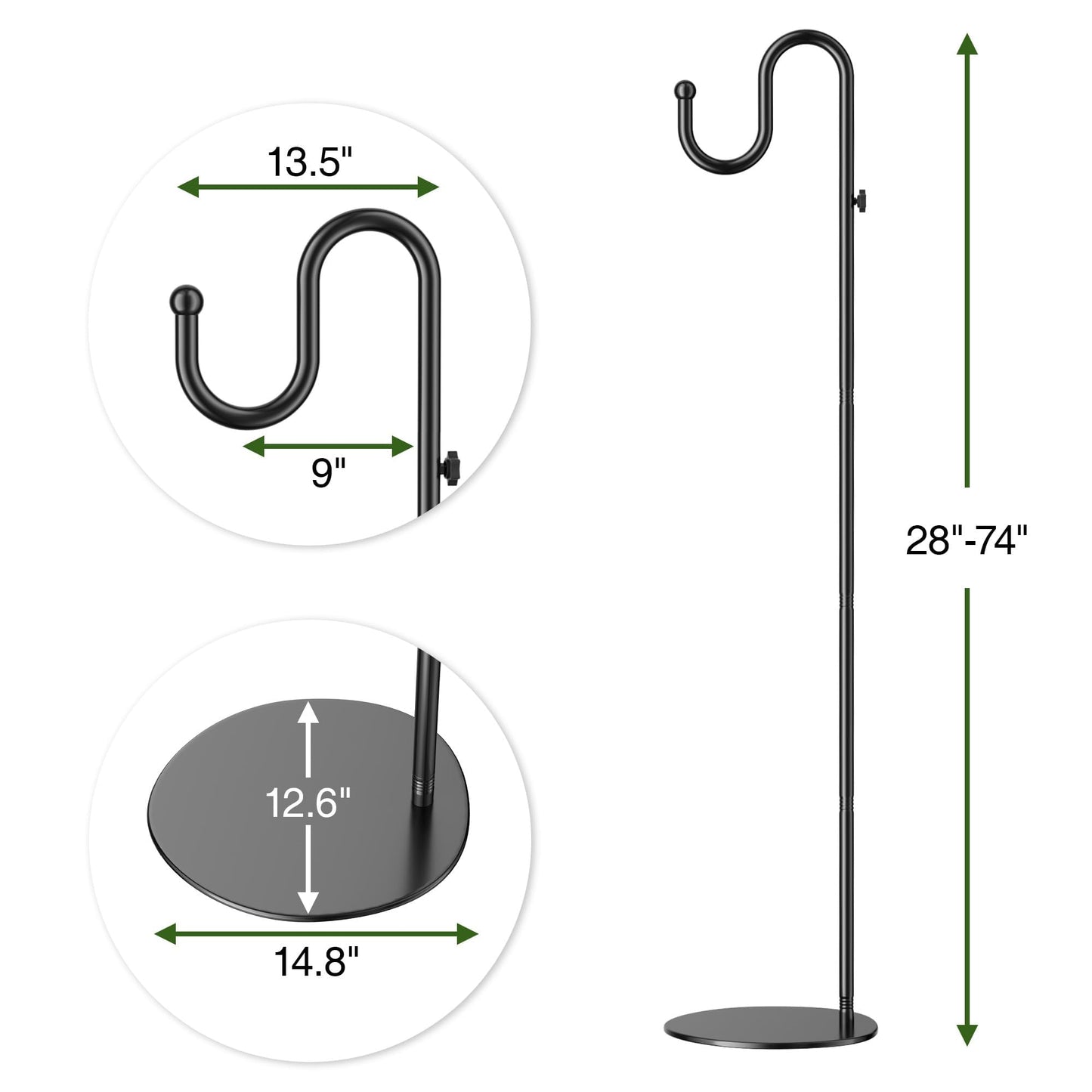 saffruff 74" Shepherds Hook Stand: Hanging Wind Chimes, Bird Feeders, Plants, Lanterns and Wreath, Adjustable Free Standing Pole Holder with Heavy Duty Base for Indoor & Outdoor, Holds Up to 20 LBS