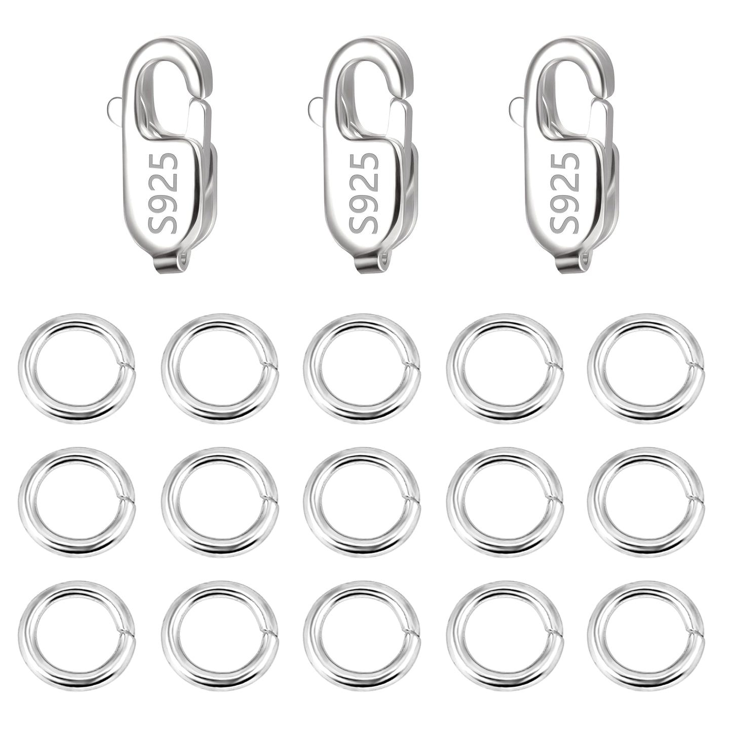 925 Sterling Silver Jewelry Making Lobster Claw 10mm, 23PCS Italian Rectangle Trigger Clasps with Open Jump Rings Set, Small Necklaces Bracelet Connector Clasp Supplies Silver Jewelry Finding Set