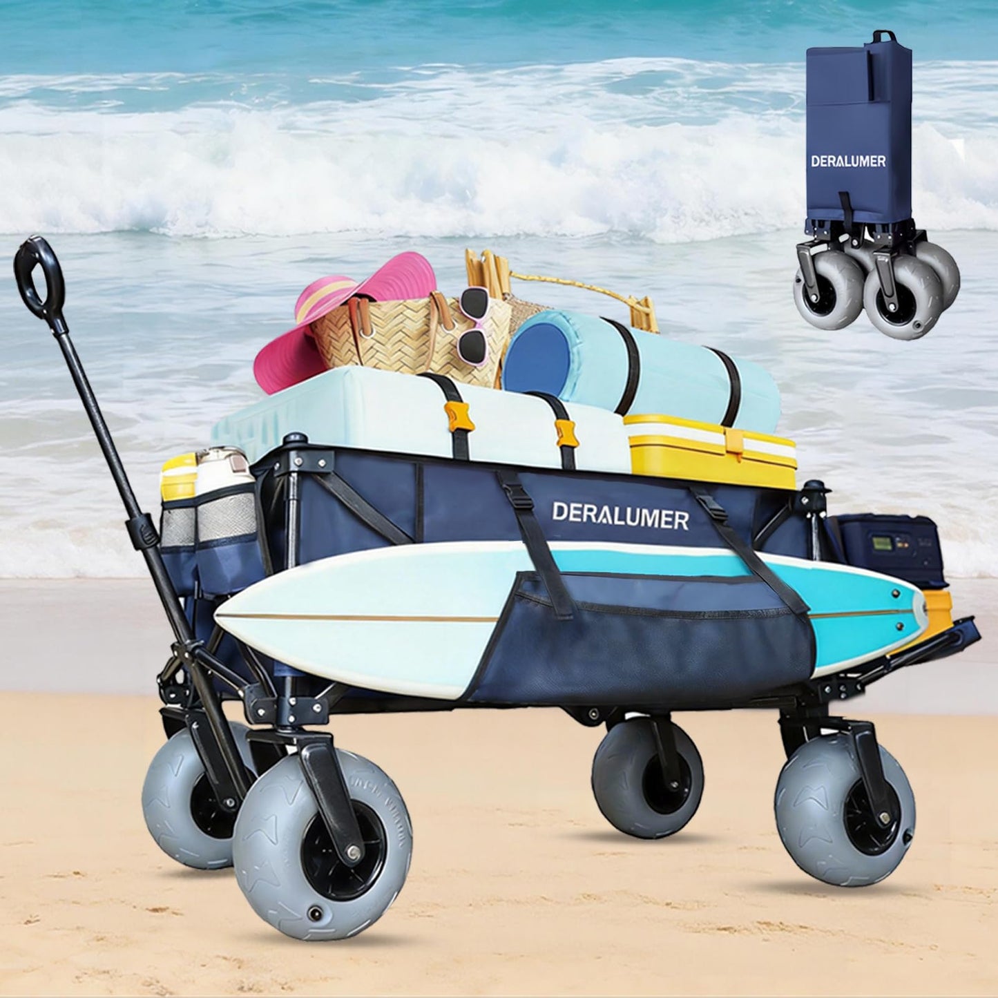 Deralumer X900 Beach Wagon with 9Ć4" Big Balloon Wheels for Sand, 48" Heavy Duty Folding Wagon with Expandable Tailgate & Side Bag, Collapsible Utility Cart for Beach, Camping, Fishing (Navy Blue)