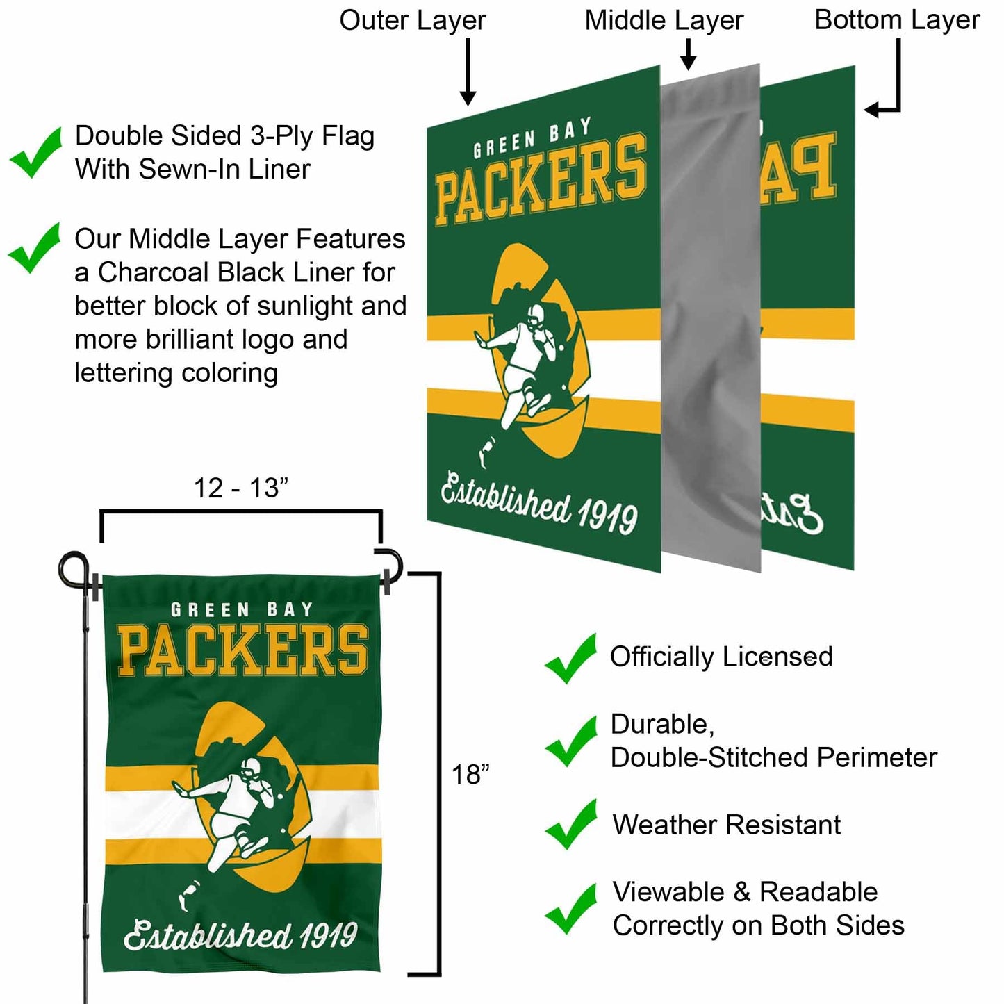Green Bay Packers Vintage Stripes Garden Flag Double Sided Banner