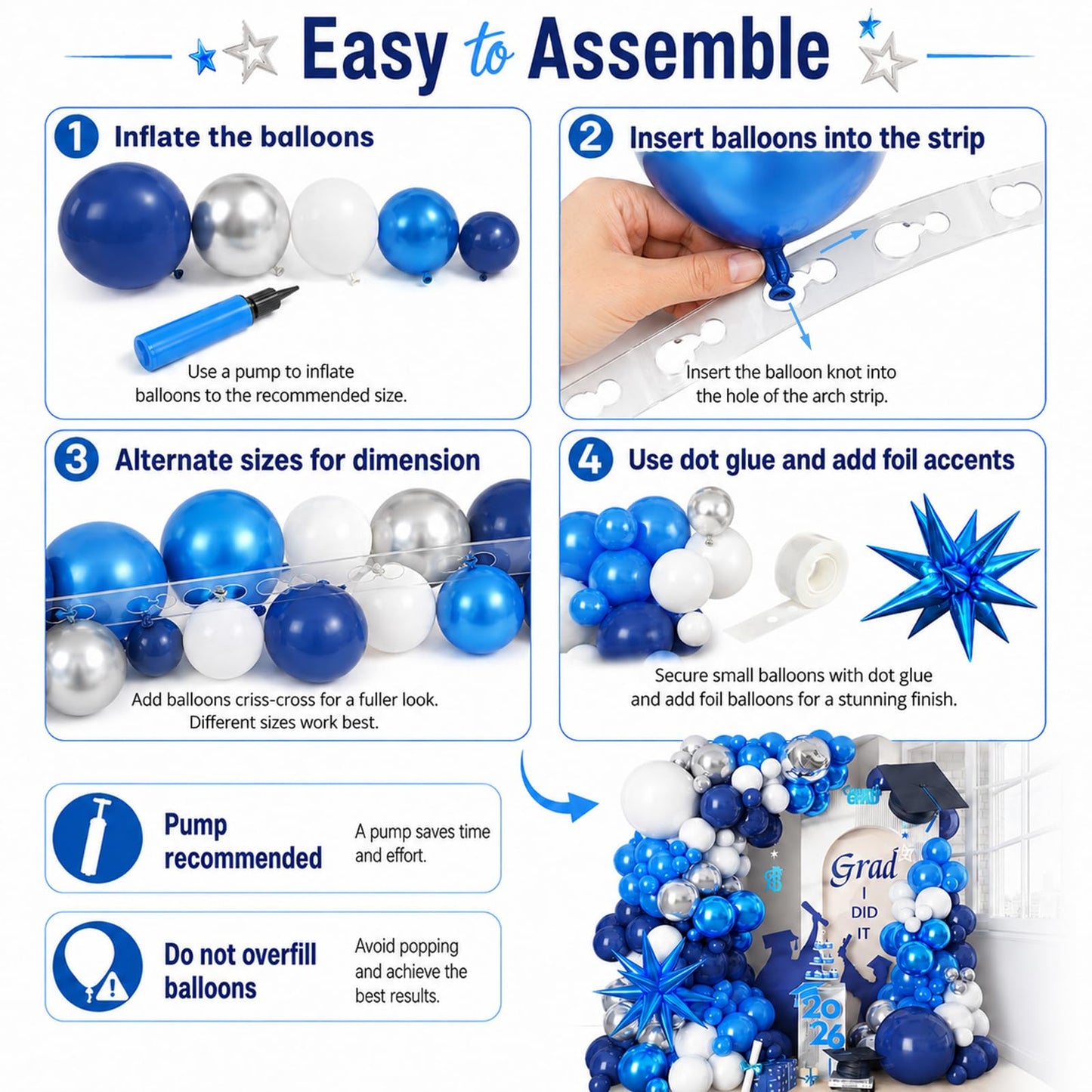 Graduation Balloon Arch Kit 2026 Blue and White Balloon Garland Royal Blue White Silver Balloons with Star Foil for Congrats Grad Class Retirement Prom Birthday Baby Shower Wedding Party Decorations