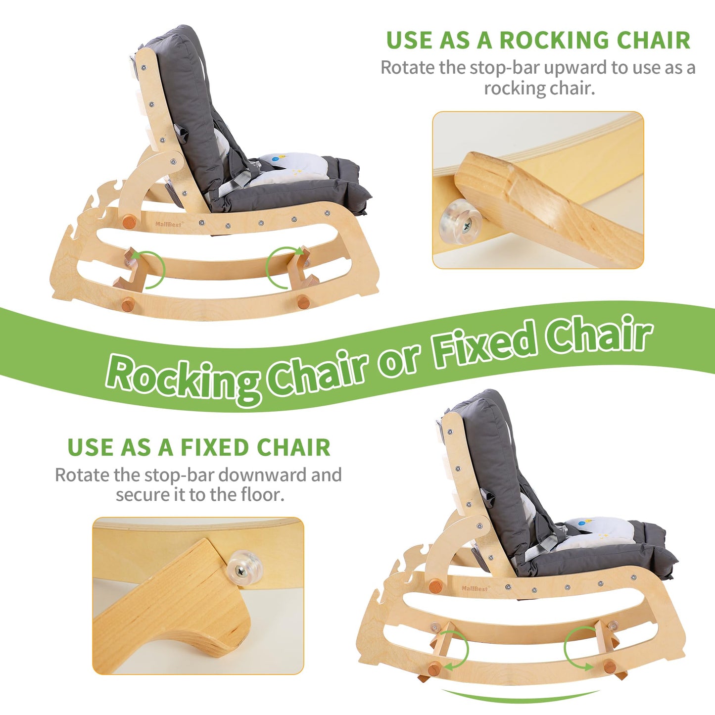 MallBest 3-in-1 Baby Rocker Chair with Double Cushions, for 0-12 Months, Adjustable Wooden Infant Rocker with Removable Cushion and 5-Point Harness for Infant to Toddler(Grey)
