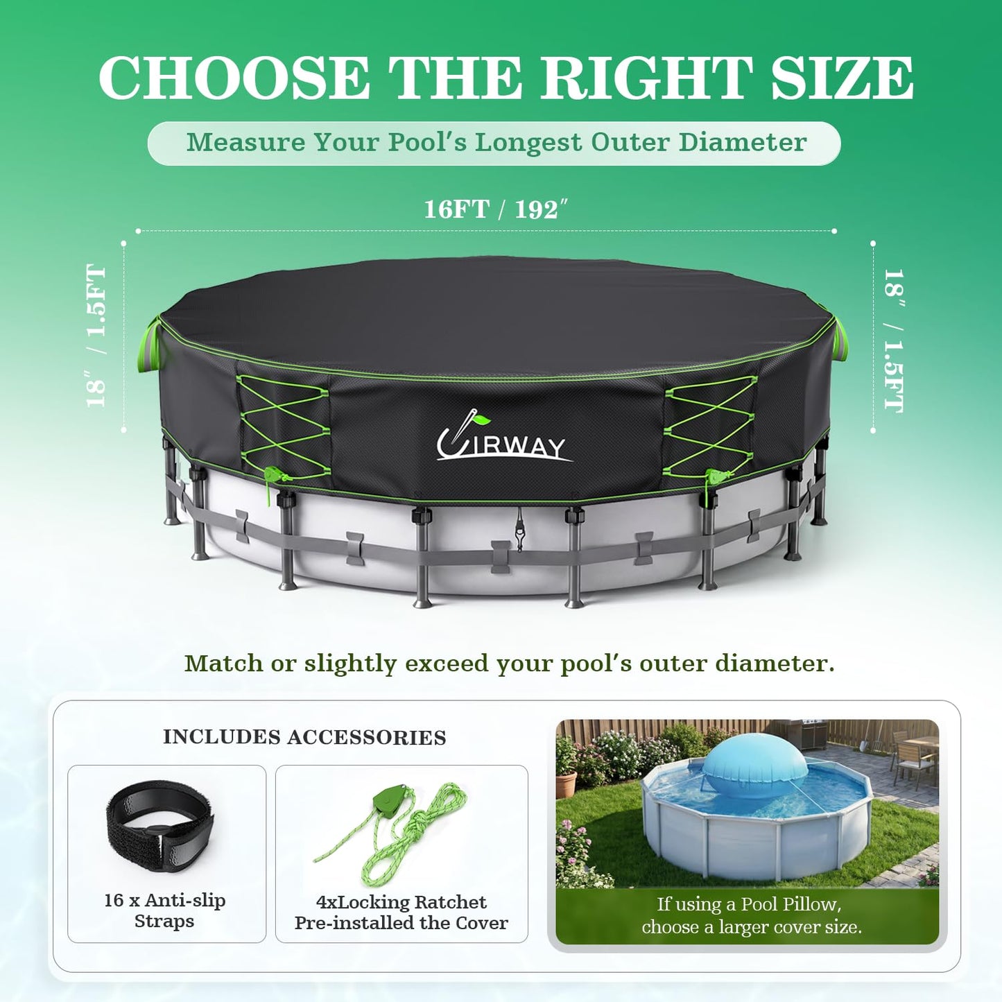 Uirway 600D Upgraded 16ft Pool Covers for Above Ground Pools, Solar Pool Cover with Windproof Reflective Lace-Up Drawstring, Weather-Resistant Pool Covers UV Protection, with Anti-Slip Straps