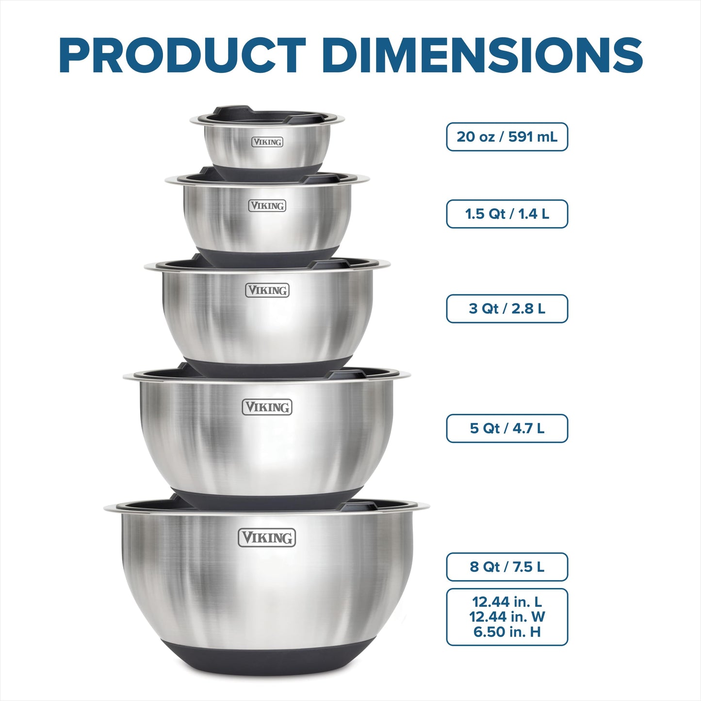 Viking Mixing Bowls Set, 10 Piece Stainless Steel Kitchen Cookware, Non-Slip Silicone Base, Includes Tight Fit Lids, Dishwasher Safe, Black