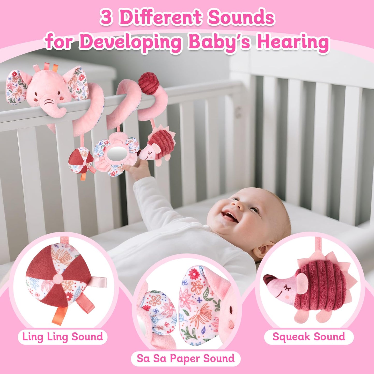 Hanging Car Seat Toys, Spiral Crib & Stroller Activity Toys with Rattles for Babies 0-6 Months, Baby Car Seat Accessories Toy for Developing Sensory & Motor Skills, Ideal Gift for Newborn Infant