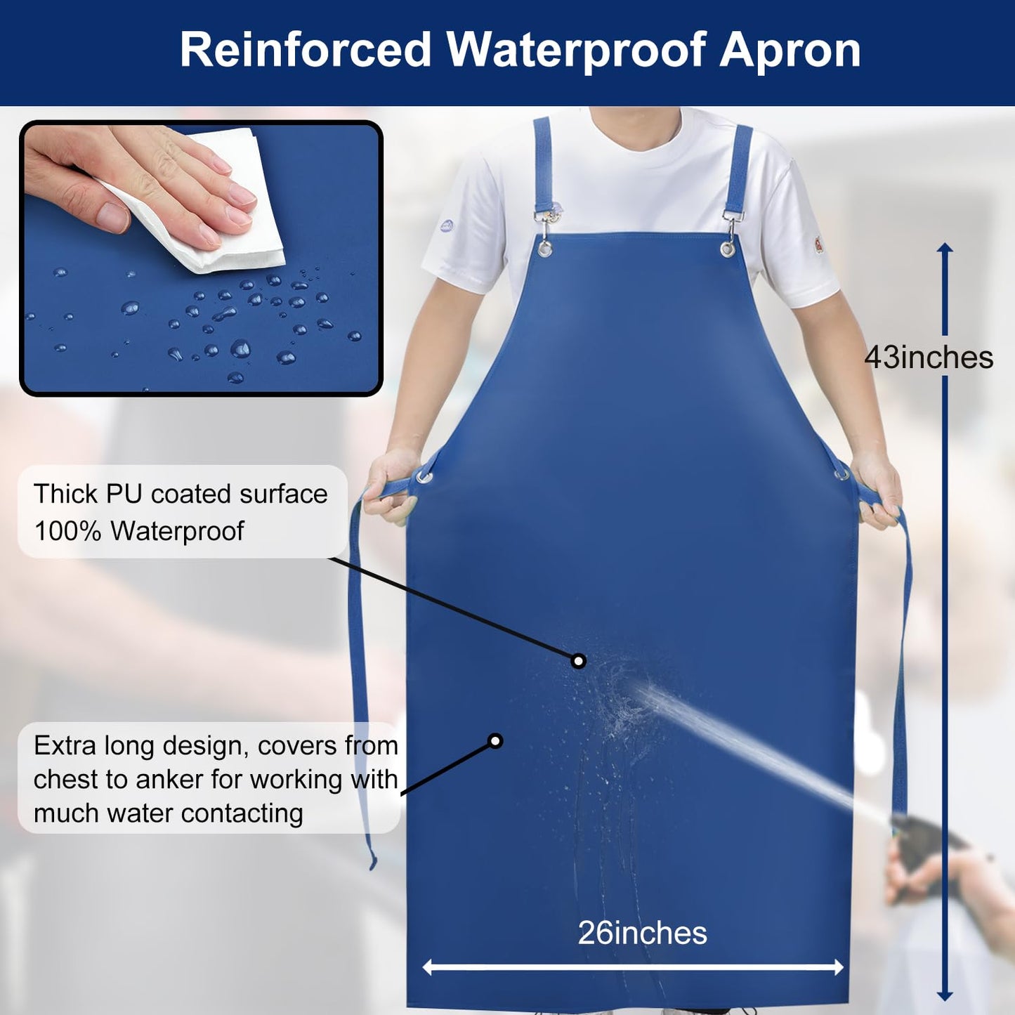 SHEOMERN Heavy Duty Vinyl Industrial Anti-Tear Apron, 43" x 26" Waterproof, Chemical Resistant, Blue, Unisex-Adults