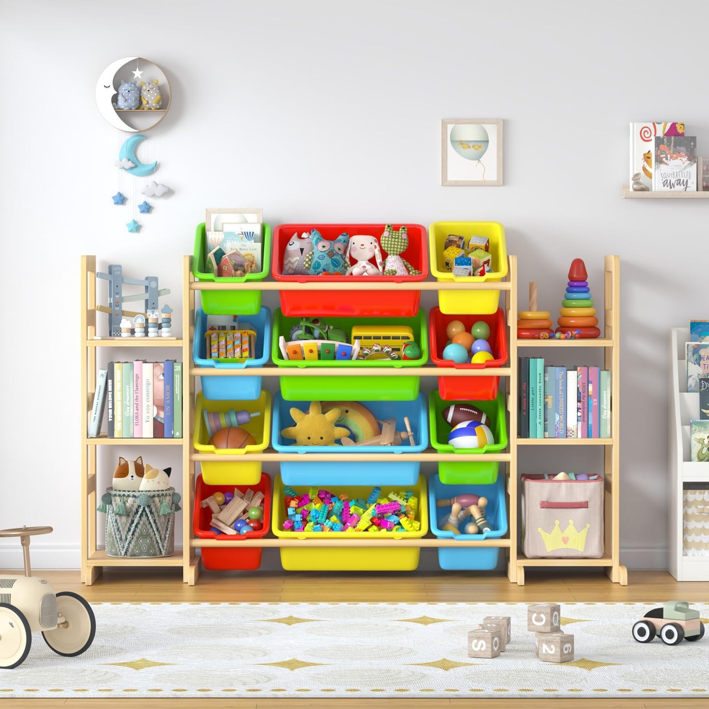 Ratulie Large Toy Storage Organizer Kids Toy Organizer and Bookshelf Combo with 12 Bins and 6 Shelves Toy Organization Box Toy Shelf for Playroom, Bedroom, Nursery